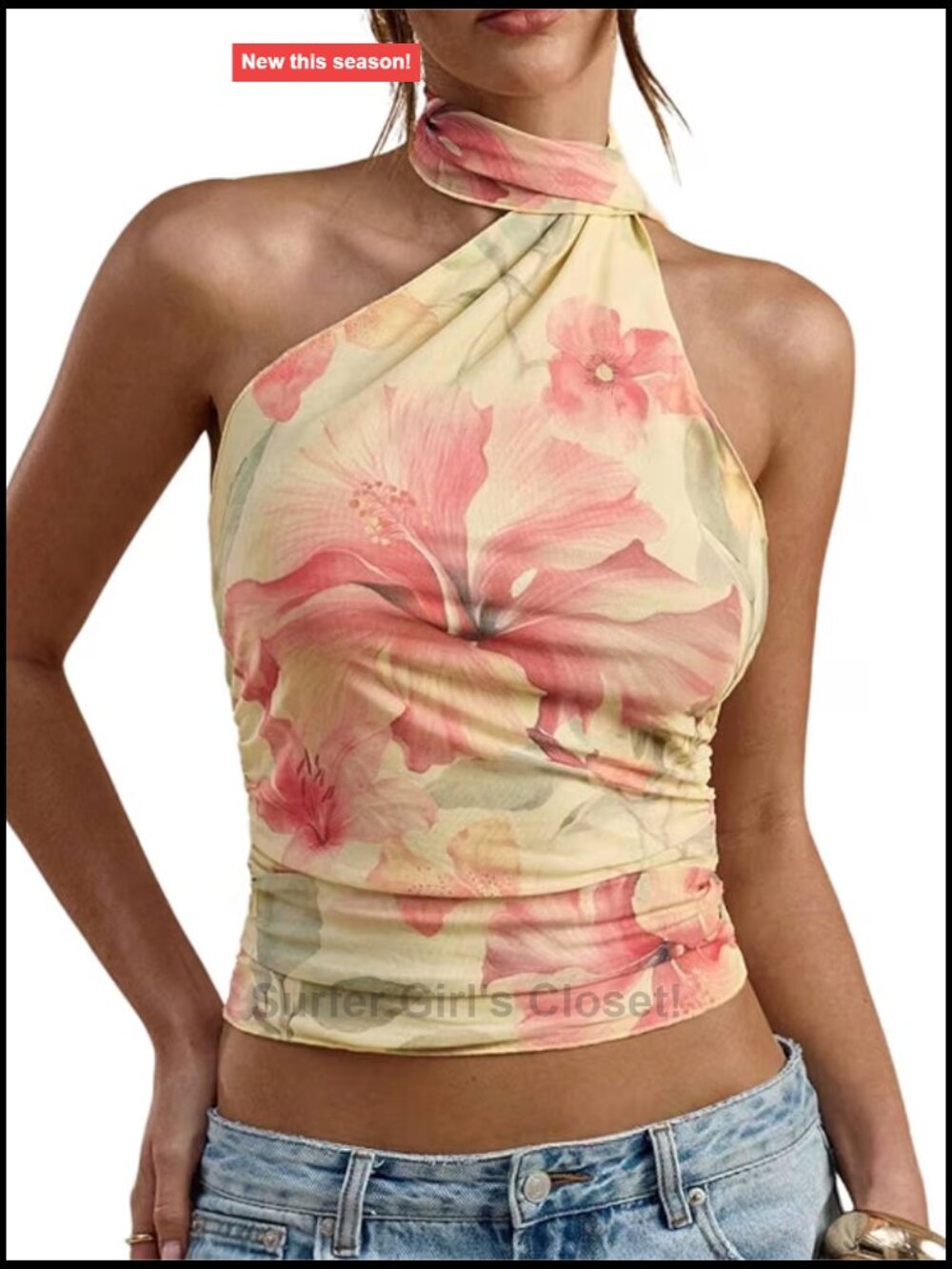 Y2K Floral Halter Tank Top Ruched Backless Sleeveless